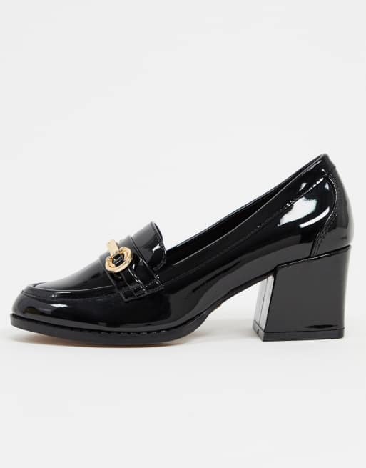 asos design storm chunky mid heeled loafers in black patent
