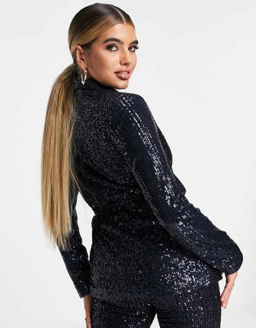ASOS DESIGN - Slå-om-habitblazer med midnatsblå pailletter i jersey, 2 af 4