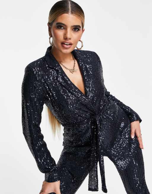 ASOS DESIGN - Slå-om-habitblazer med midnatsblå pailletter i jersey, 3 af 4