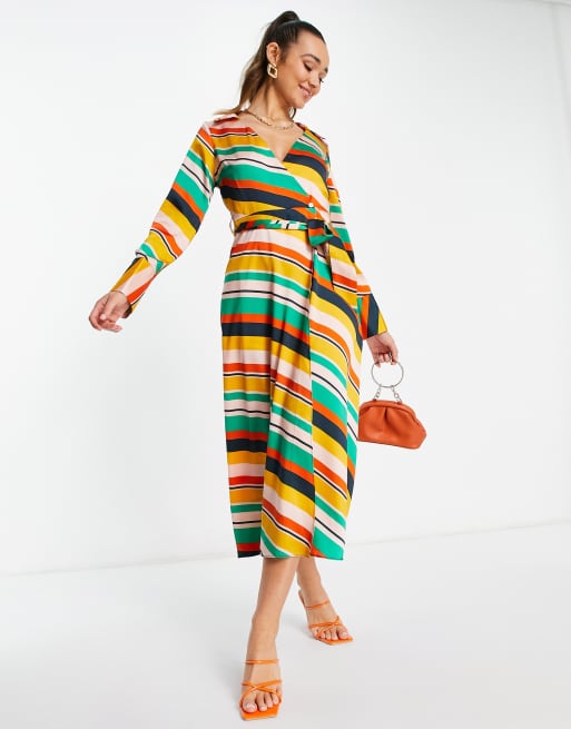 ASOS DESIGN - Slå-om-midikjole med krave og farvestrålende striber i satin, 3 af 4