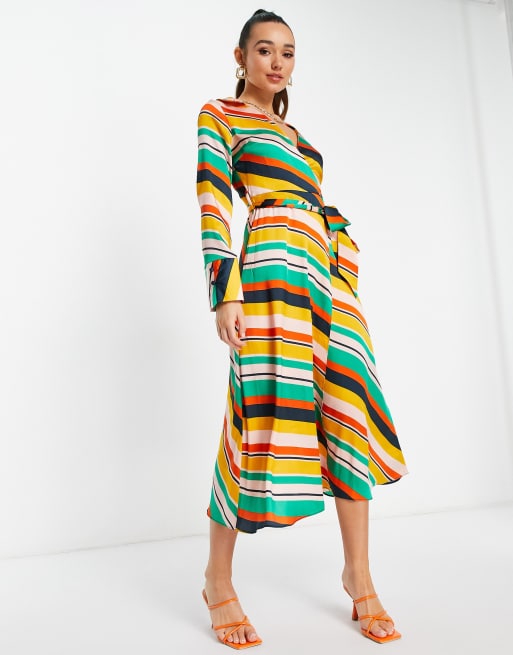 ASOS DESIGN - Slå-om-midikjole med krave og farvestrålende striber i satin, 4 af 4