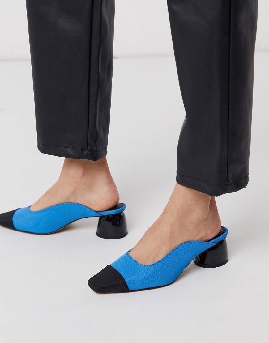 ASOS DESIGN Slaide block heeled mules in cyan blue and black-Multi