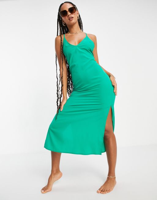 ASOS DESIGN - Slank vallende midi-jurk met lage rug en veters achter in smaragdgroen