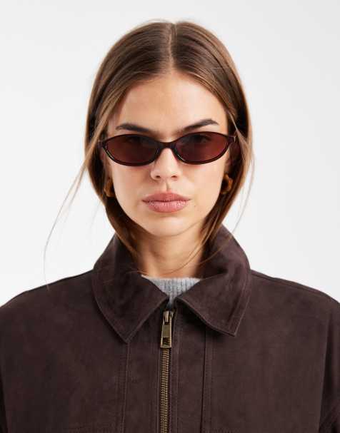 ASOS DESIGN slanke ovale zonnebril met lichte tint in melkbruin - view 1