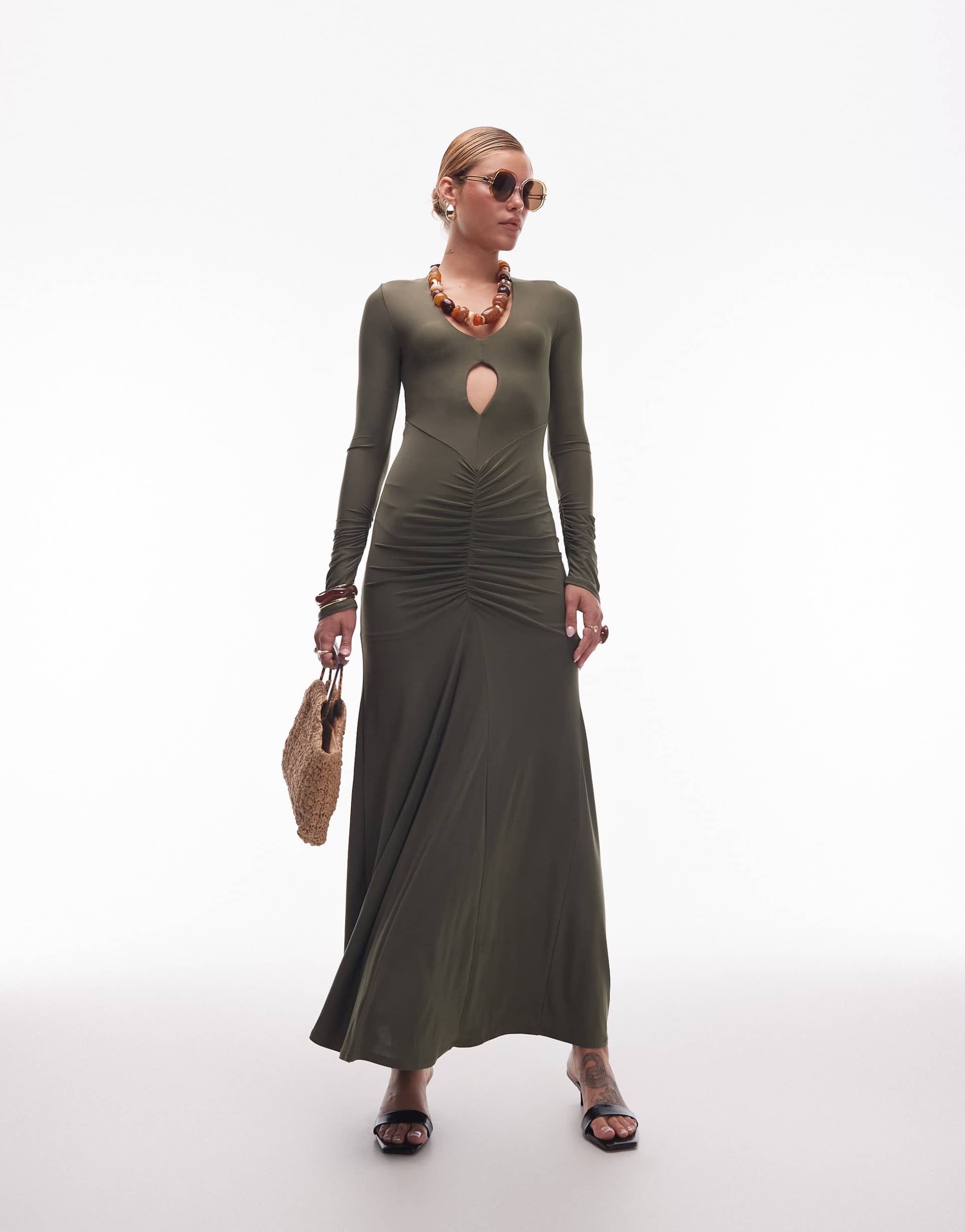 asos design slash front maxi dress with gauging detail in khaki