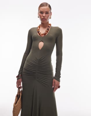 Asos Design Slash Front Maxi Dress With Gauging Detail In Green