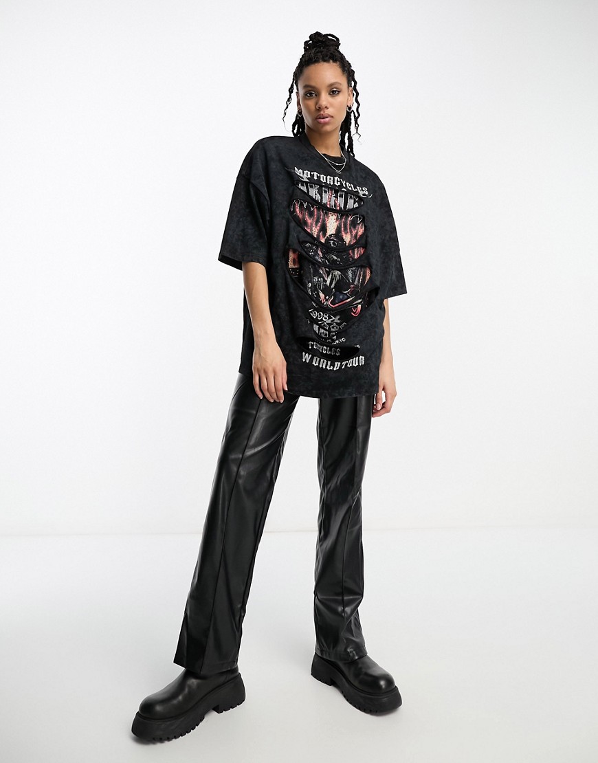 ASOS DESIGN slash front rock oversized t-shirt graphic with hotfix in black