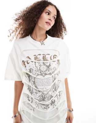 ASOS DESIGN slash front rock oversized t-shirt graphic with hotfix in cream-White