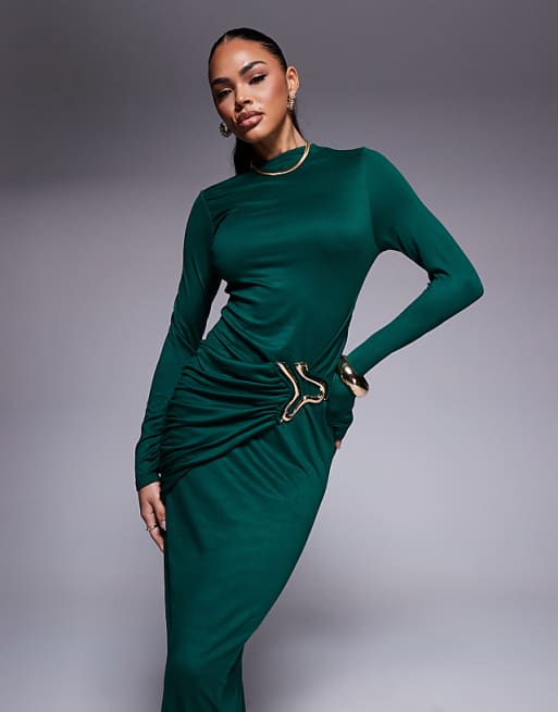 high neck midi dress EVA MOCK 100% Polyester. High Square Neck Midi Dress