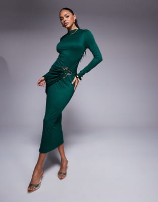 asos design slash high neck midi dress with gold hardware detail in bottle green