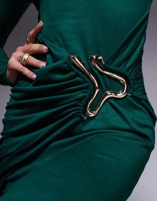 asos design slash high neck midi dress with gold hardware detail in bottle green
