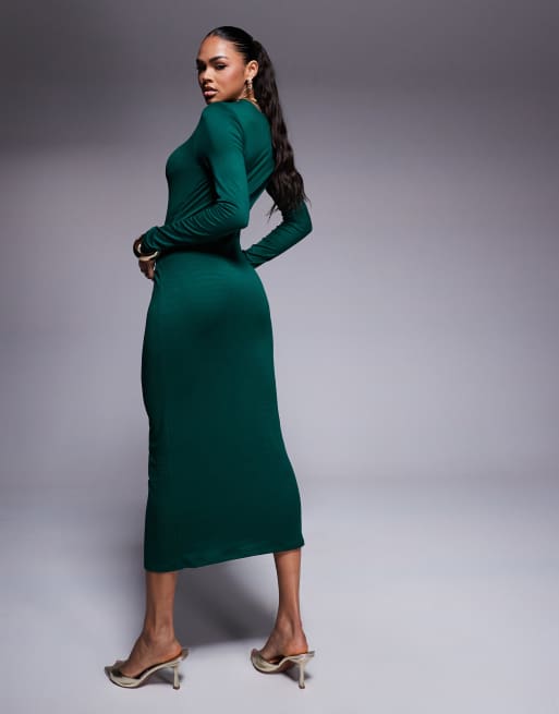 ASOS DESIGN slash high neck midi dress with gold hardware detail in bottle  green | ASOS
