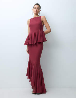 Asos Design Slash High Neckline With Godet Asymmetric Bodice And Hem Maxi Dress In Multi