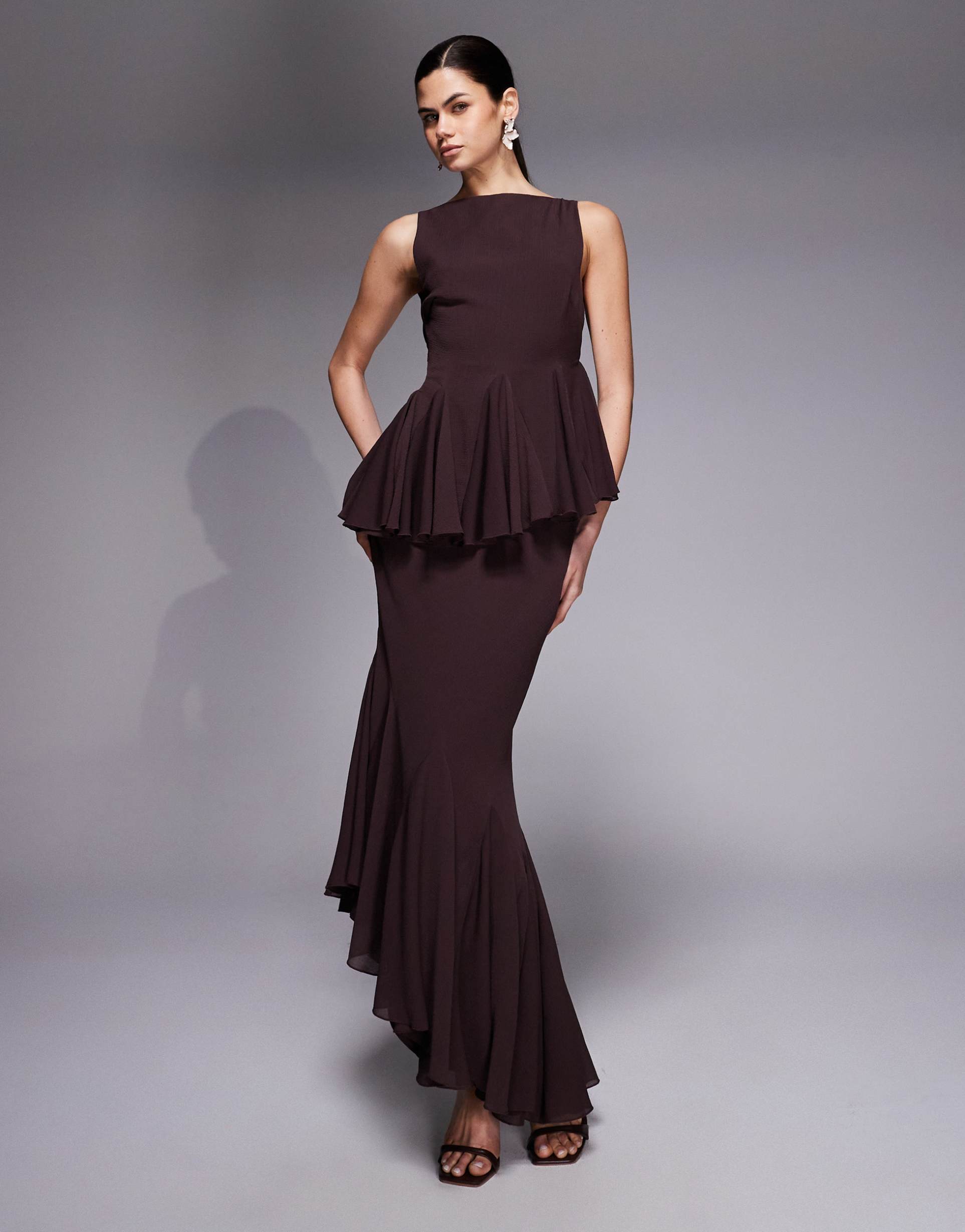 asos design slash high neckline with godets and asymmetric hem dress in chocolate
