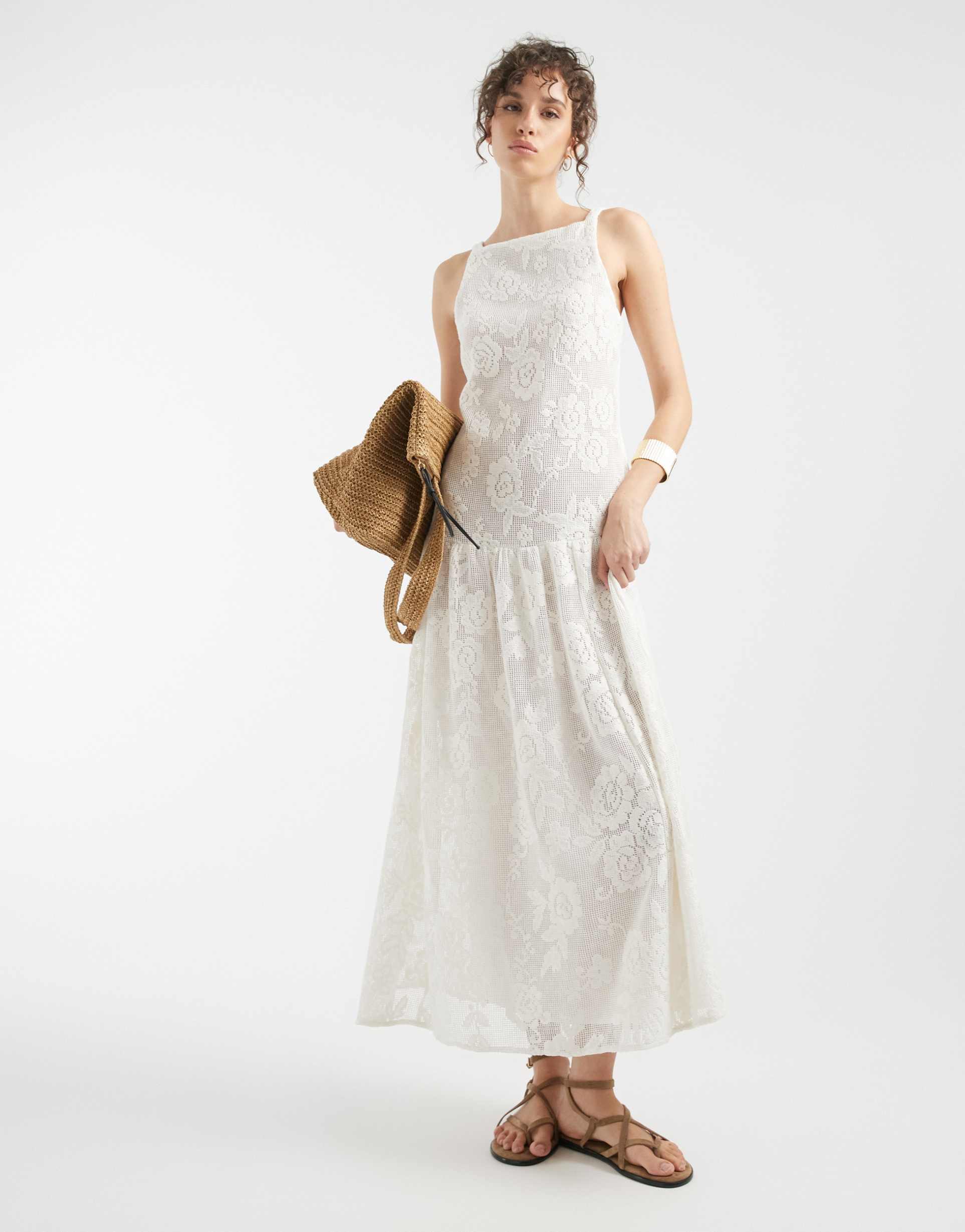 asos design slash neck all over lace midaxi dress in ivory