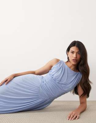 Asos Design Slash Neck Asymmetric Bubble Hem Dress In Blue