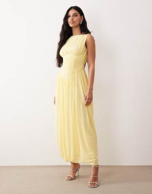 Asos Design Slash Neck Asymmetric Bubble Hem Dress In Yellow