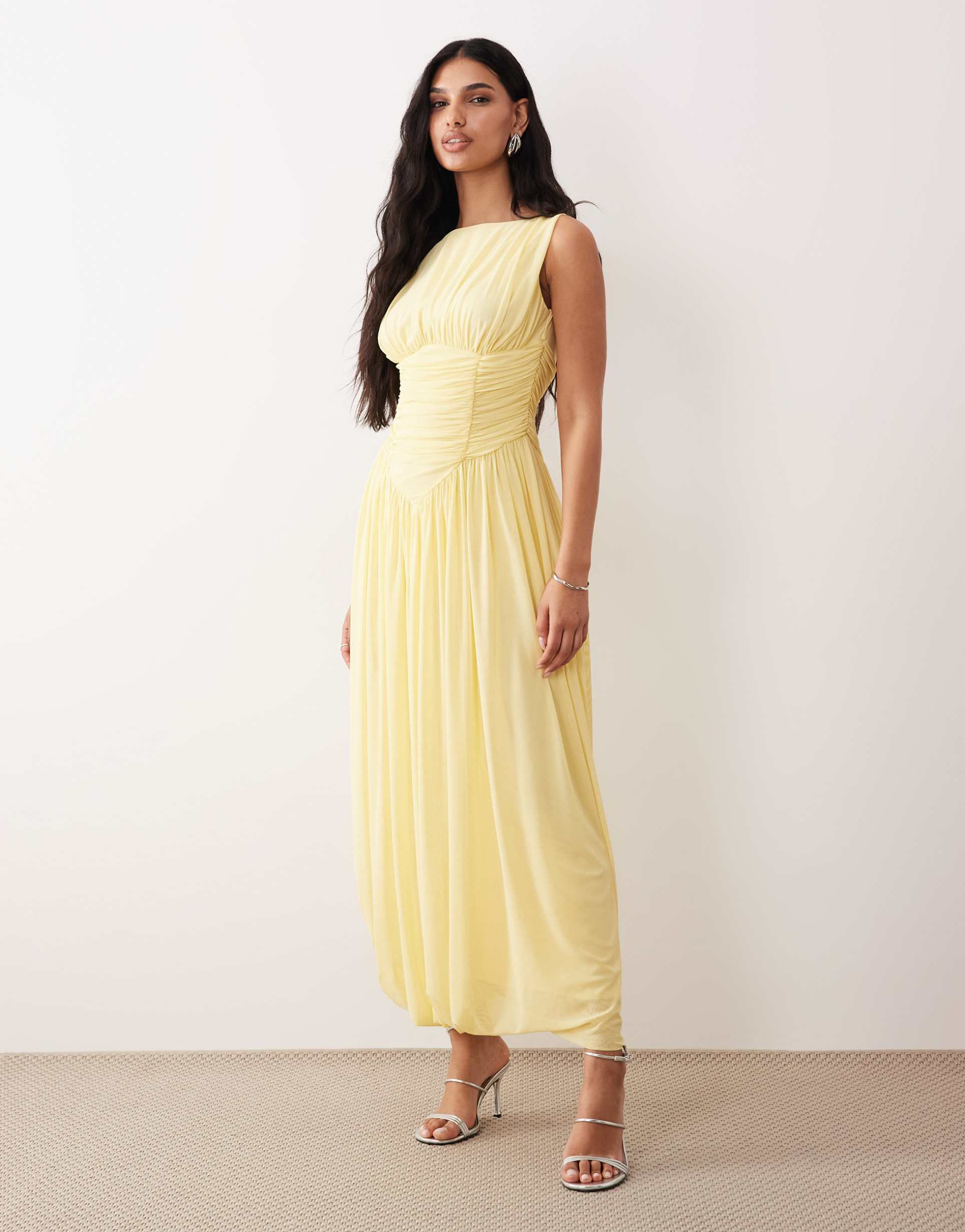 asos design slash neck asymmetric bubble hem dress in lemon