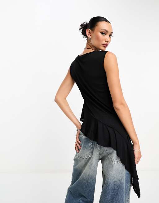 ASOS DESIGN slash neck asymmetric hem ruffle top in black, 4 of 4