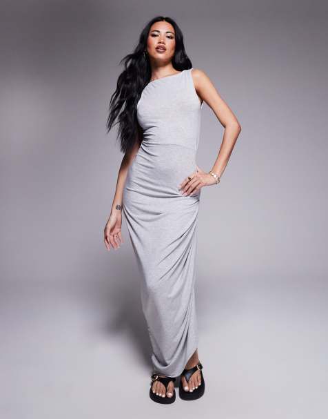 ASOS DESIGN slash neck asymmetric ruched side midi in gray heather - view 1