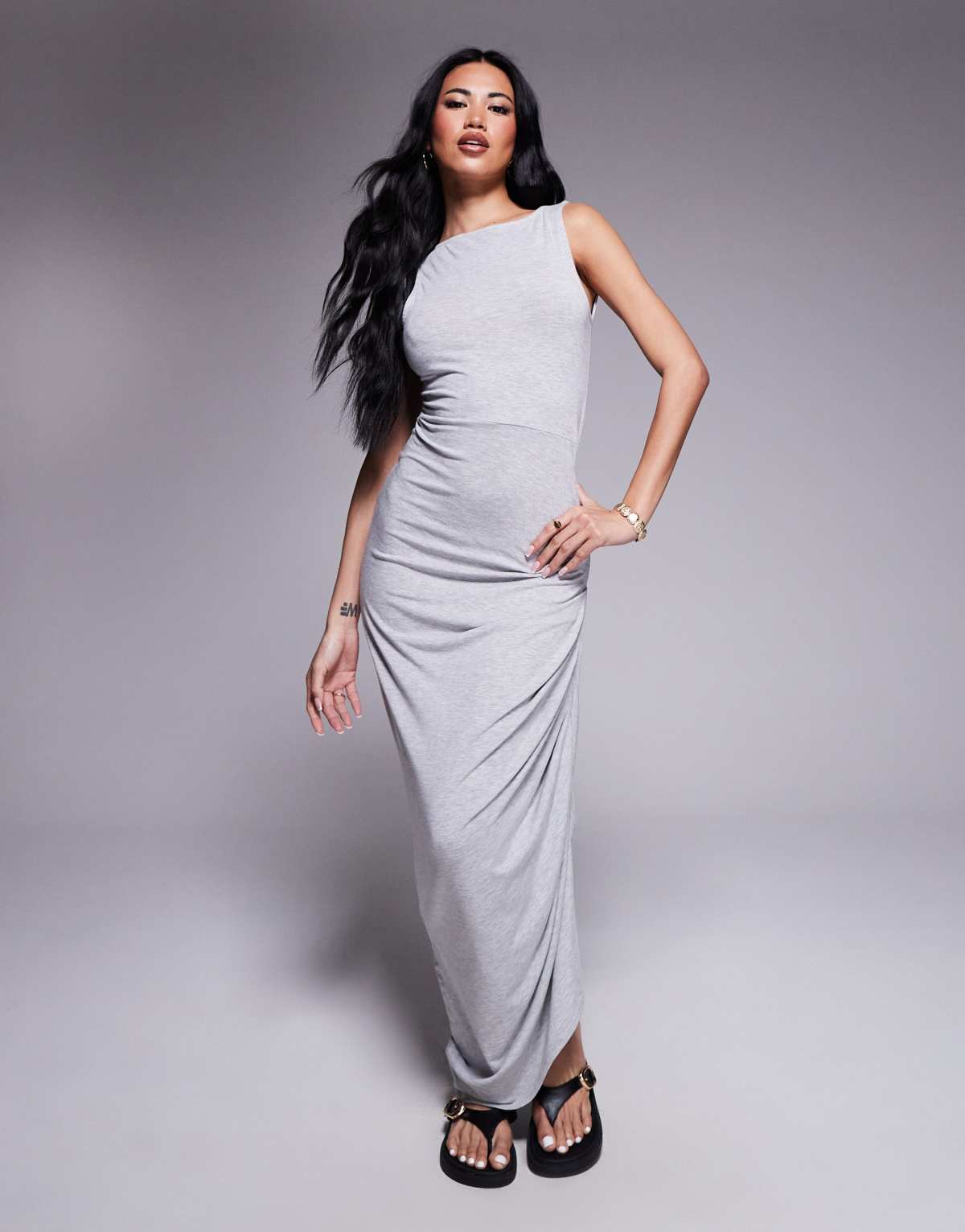 ASOS DESIGN slash neck asymmetric ruched side midi in grey marl