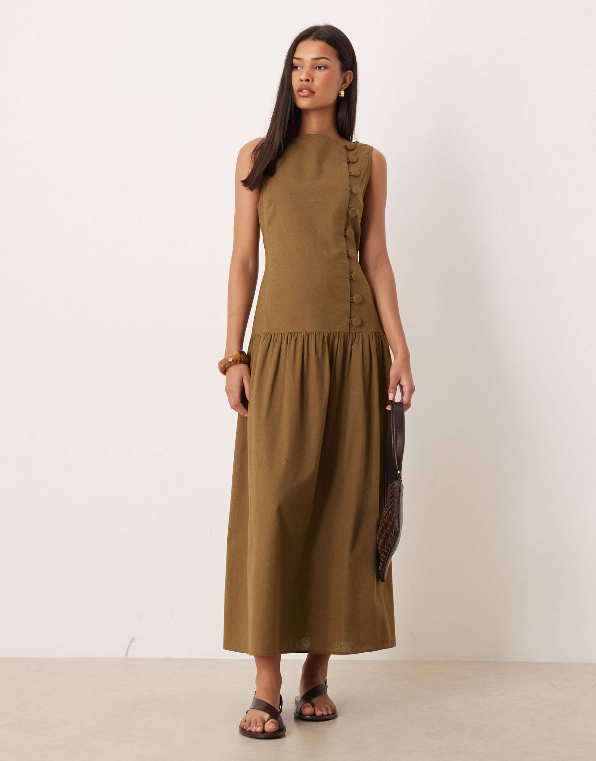 asos design slash neck asymmetric vest maxi sundress with dropped waist in olive