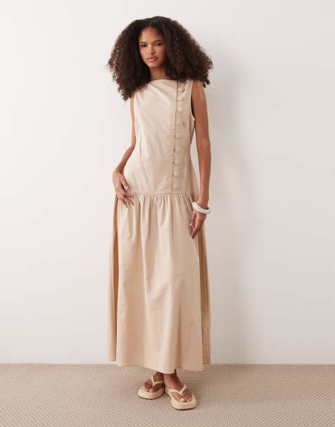 ASOS DESIGN slash neck asymmetric vest maxi sundress with dropped waist in stone - view 1