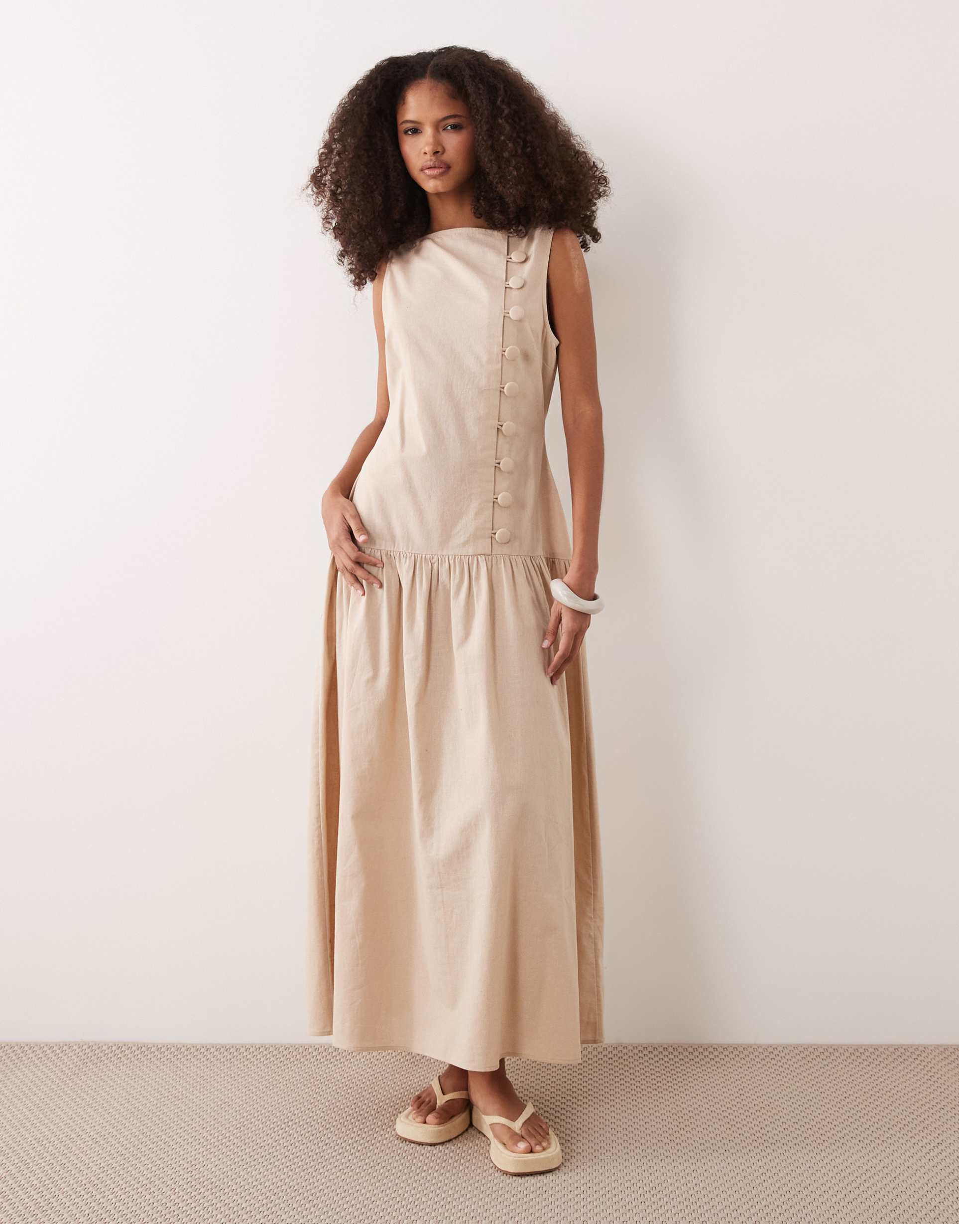 asos design slash neck asymmetric vest maxi sundress with dropped waist in stone