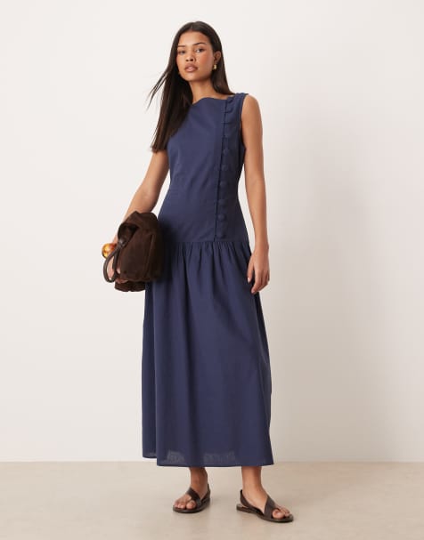 ASOS DESIGN slash neck asymmetric waistcoat maxi sundress with dropped waist in navy 