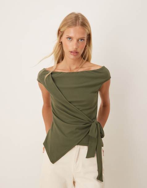 ASOS DESIGN slash neck asymmetric wrap detail top in khaki green - view 1