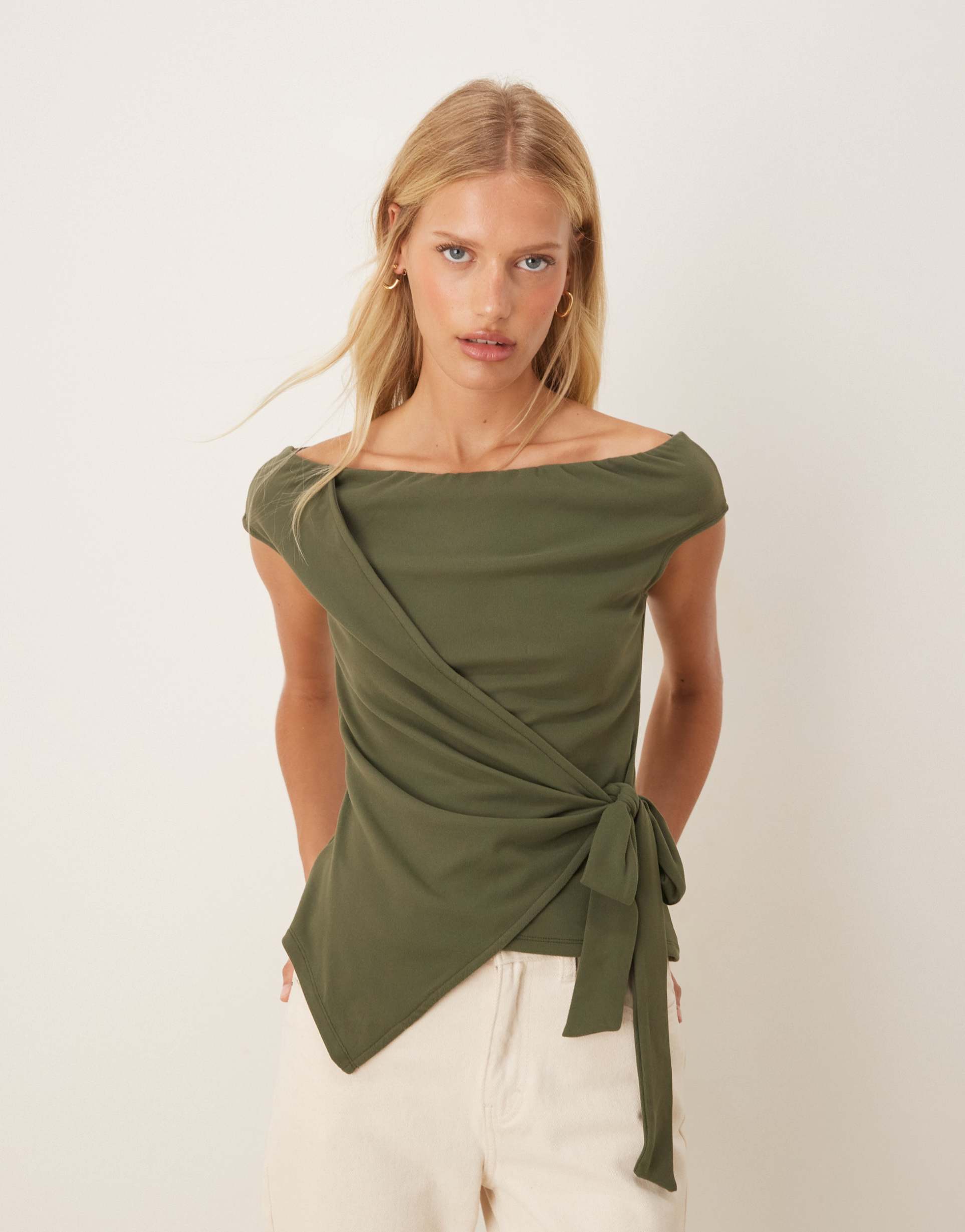 asos design slash neck asymmetric wrap detail top in khaki green
