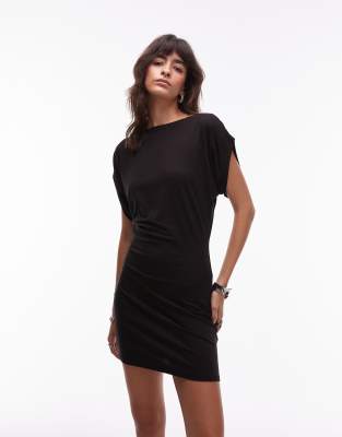 Asos Design Slash Neck Batwing Mini Dress In Black