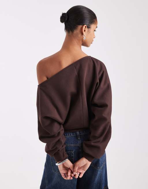 ASOS DESIGN slash neck batwing sweatshirt in brown, 4 of 4