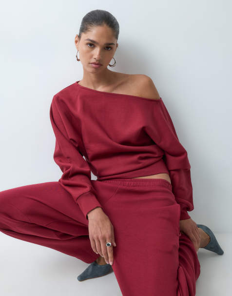 ASOS DESIGN slash neck batwing sweatshirt in burgundy - view 1