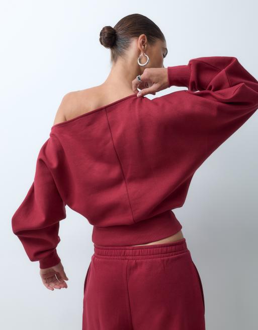 ASOS DESIGN slash neck batwing sweatshirt in burgundy, 3 of 4