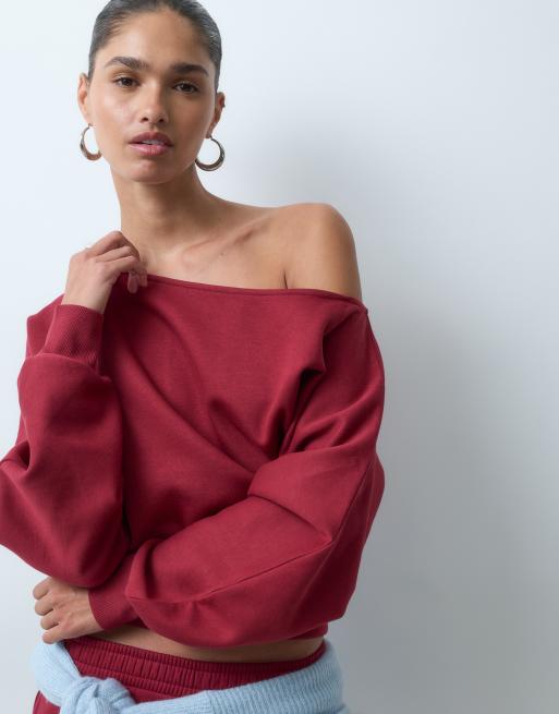 ASOS DESIGN slash neck batwing sweatshirt in burgundy, 4 of 4