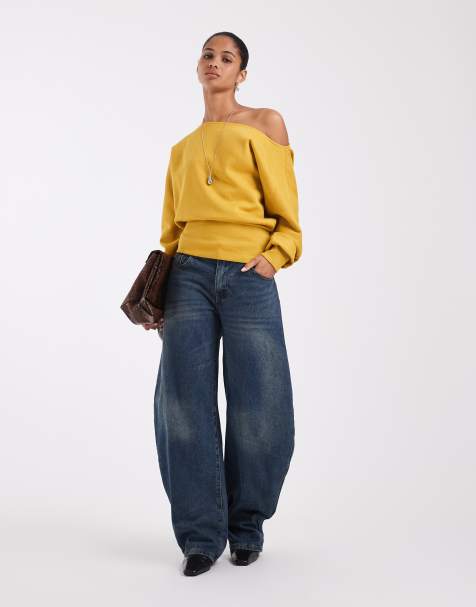 ASOS DESIGN slash neck batwing sweatshirt in honey - view 1