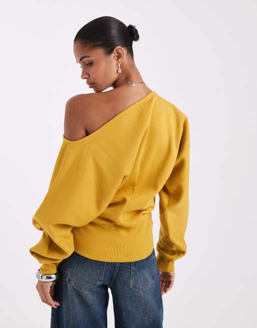 ASOS DESIGN slash neck batwing sweatshirt in honey, 2 of 4