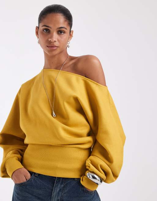 ASOS DESIGN slash neck batwing sweatshirt in honey, 4 of 4