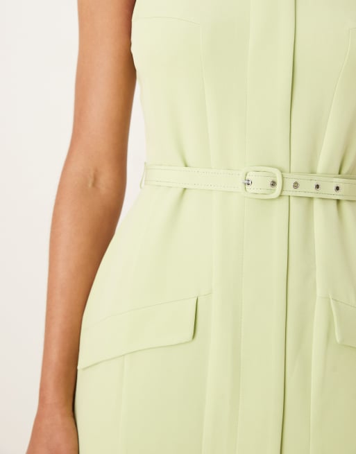 ASOS DESIGN slash neck belted midi dress with pockets in lime
