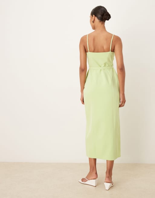 ASOS DESIGN slash neck belted midi dress with pockets in lime