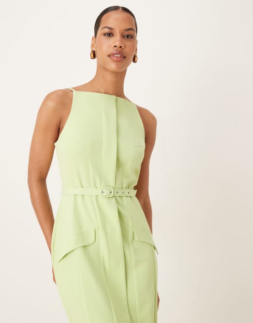 ASOS DESIGN slash neck belted midi dress with pockets in lime