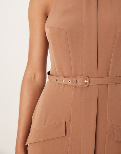ASOS DESIGN slash neck belted midi dress with pockets in taupe