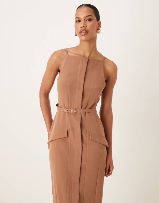 ASOS DESIGN slash neck belted midi dress with pockets in taupe