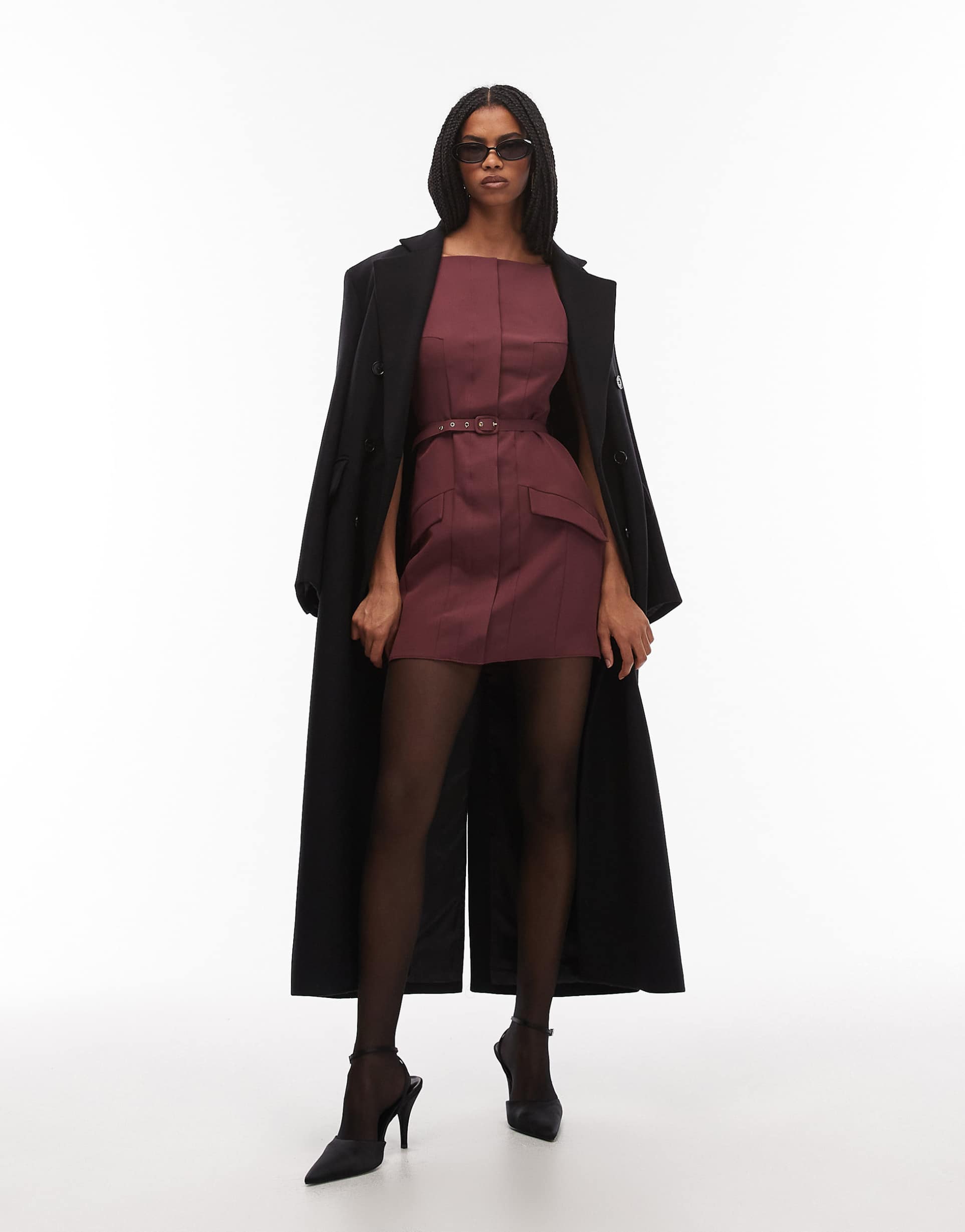 asos design slash neck belted mini dress in mulberry