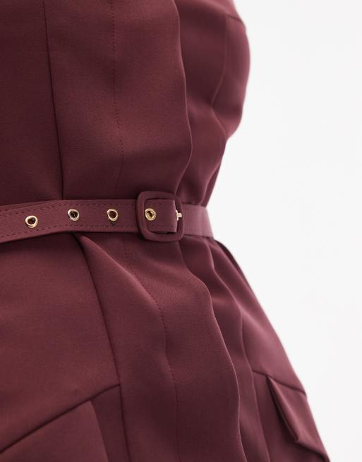 ASOS DESIGN slash neck belted mini dress in mulberry, 3 of 4