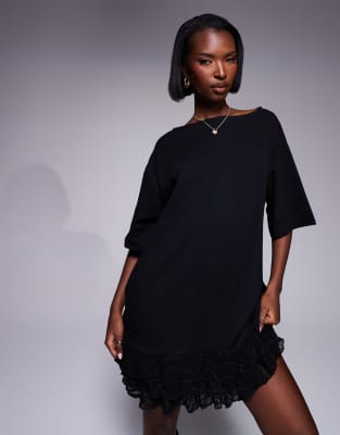 Asos Design Slash Neck Black Mini Dress With Lace Skirt