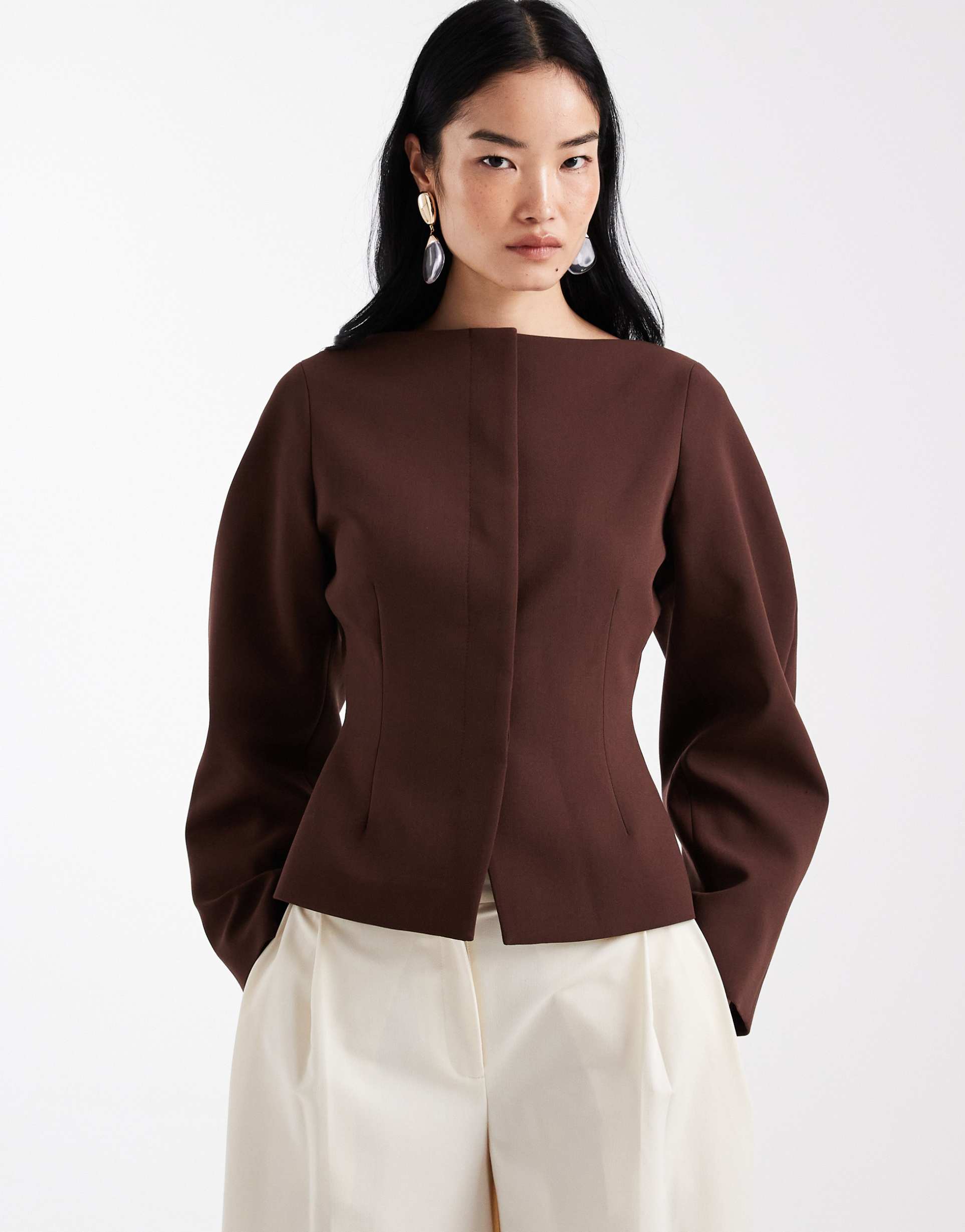 asos design slash neck blazer in chocolate