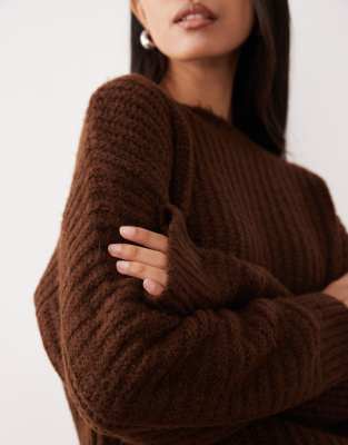 Asos Design Slash Neck Blouson Sleeve Sweater With Rib Overarm Detail In Brown