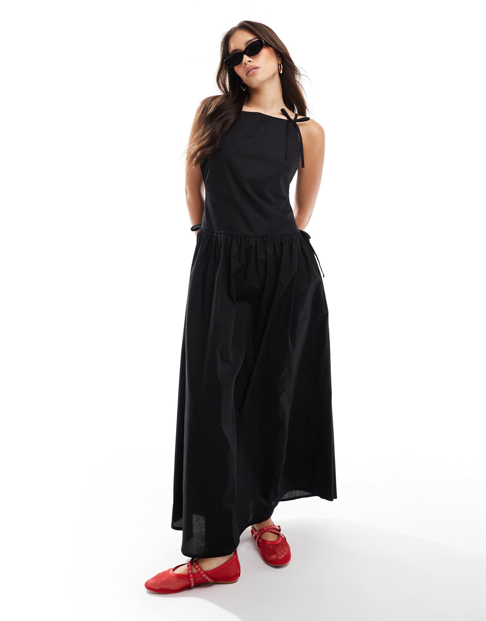 asos design slash neck bow detail maxi dress in black